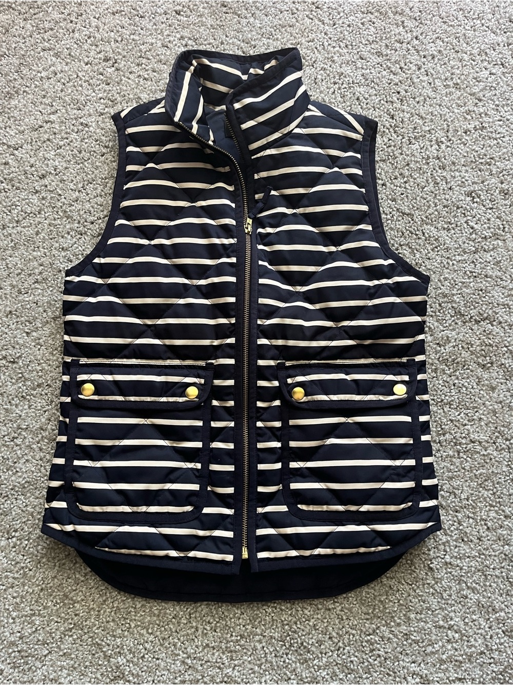 Navy & White Striped Quilted Vest with Gold Snap Accents XXS